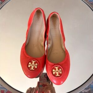 Tory Burch Red Leather Flats with Gold Logo